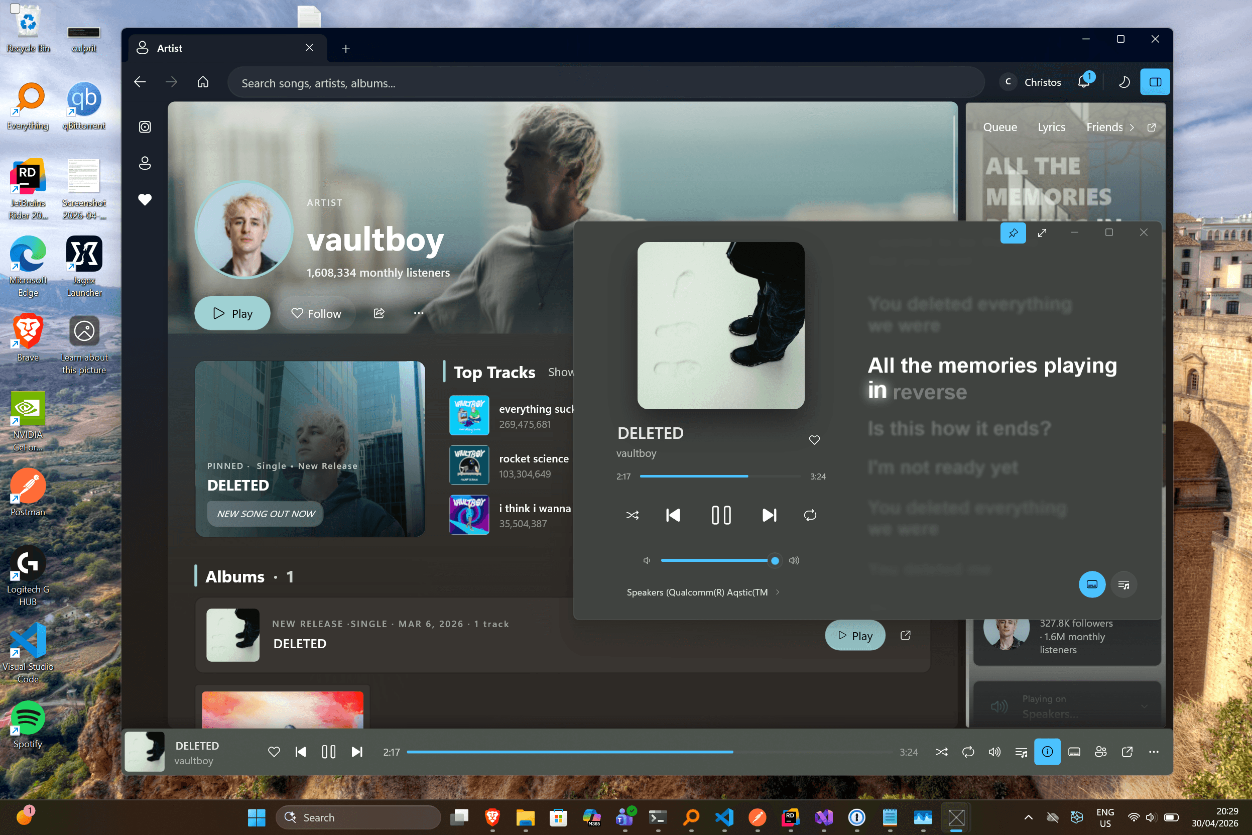 Wavee desktop client showing the home view with album art and player controls