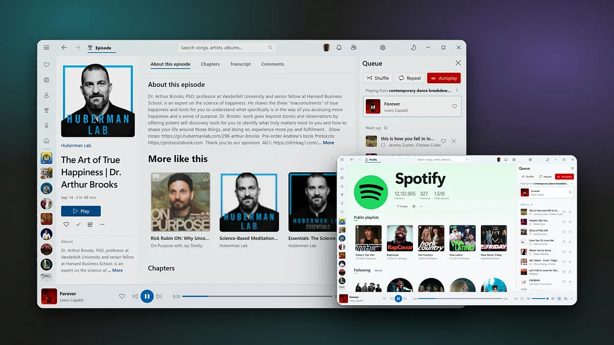An episode page with chapters and transcript, in front of a profile page